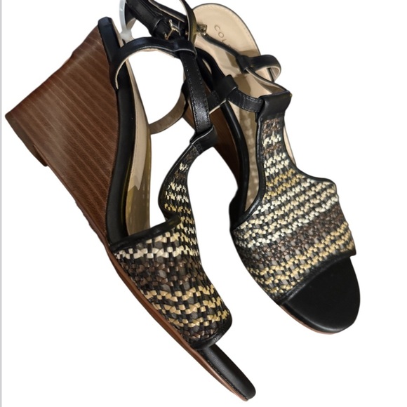 Cole Haan Black and Brown Woven Wedge Sandals - Picture 3 of 6